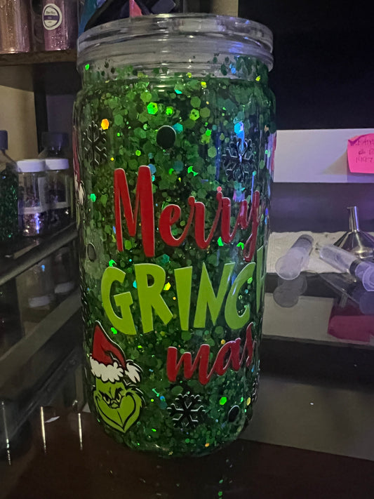 16oz Grinch Glitter Plastic Cup